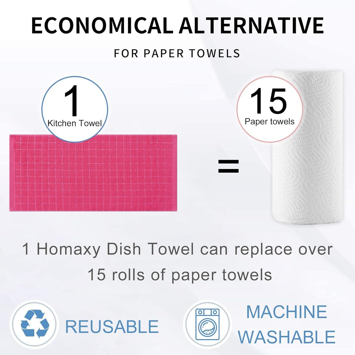 Homaxy 100% Cotton Terry Kitchen Towels(Rose Red, 13 x 28 inches), Checkered Designed, Soft and