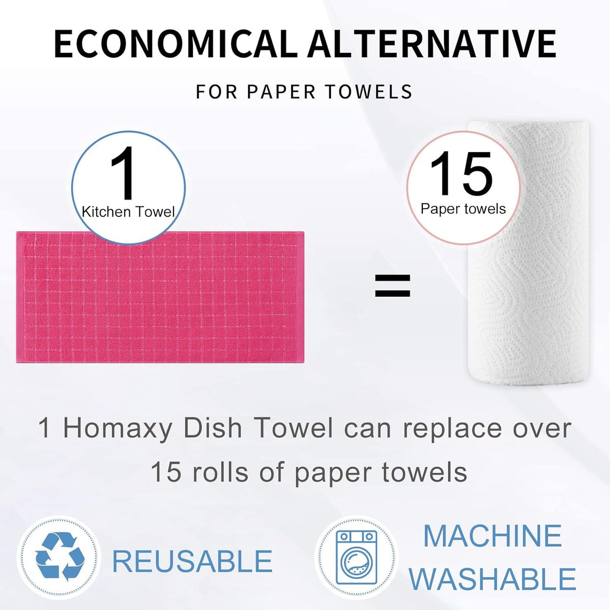 Homaxy 100% Cotton Terry Kitchen Towels(Rose Red, 13 x 28 inches), Checkered Designed, Soft and