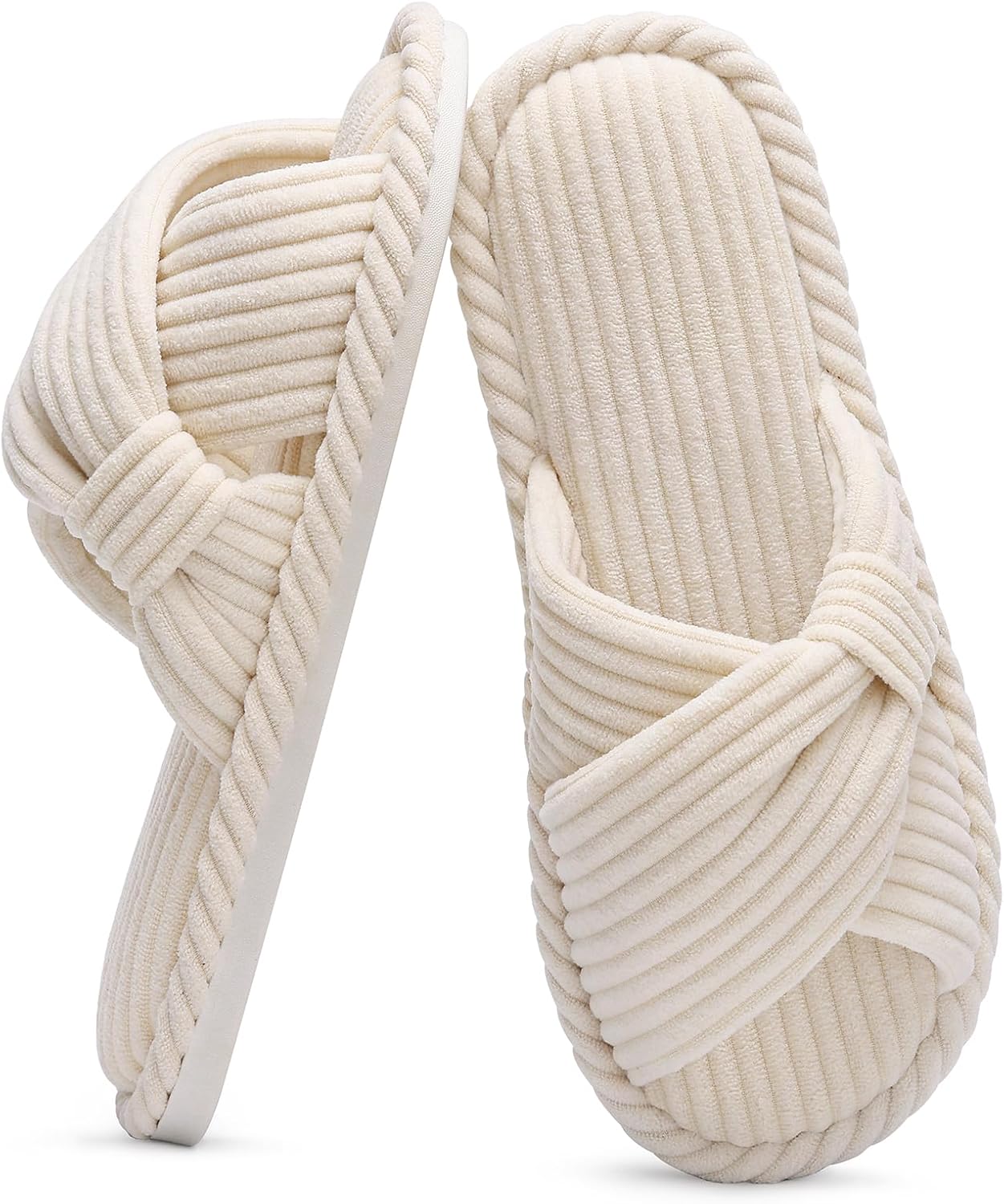 Evshine Summer House Slippers for Women Corduroy Cross Bow Indoor Slippers Open Toe Slip On Bedroom
