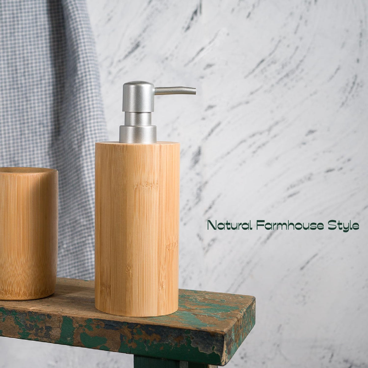 Natural Bamboo Liquid Soap Dispenser, 10 oz with Silver Plastic Pump, Refillable Hand Soap