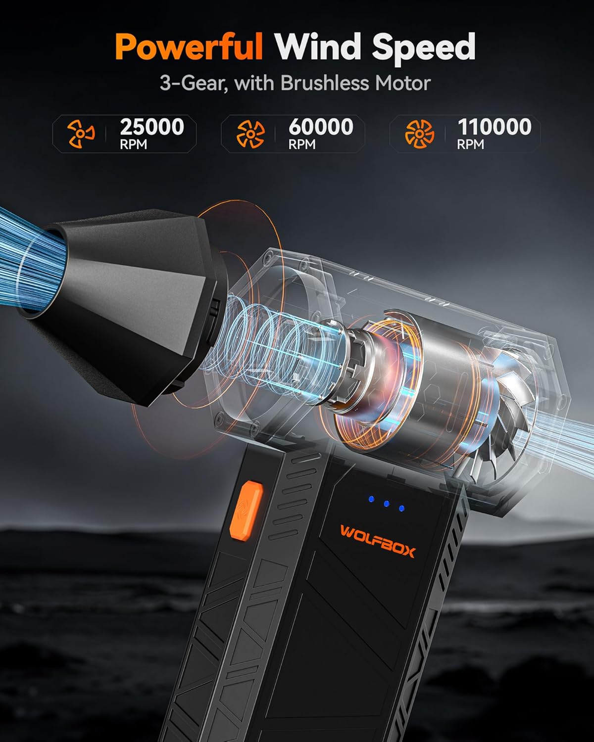 WOLFBOX MF50 Compressed Air Duster-110000RPM Super Power Electric Air Duster, 3-Gear Adjustable