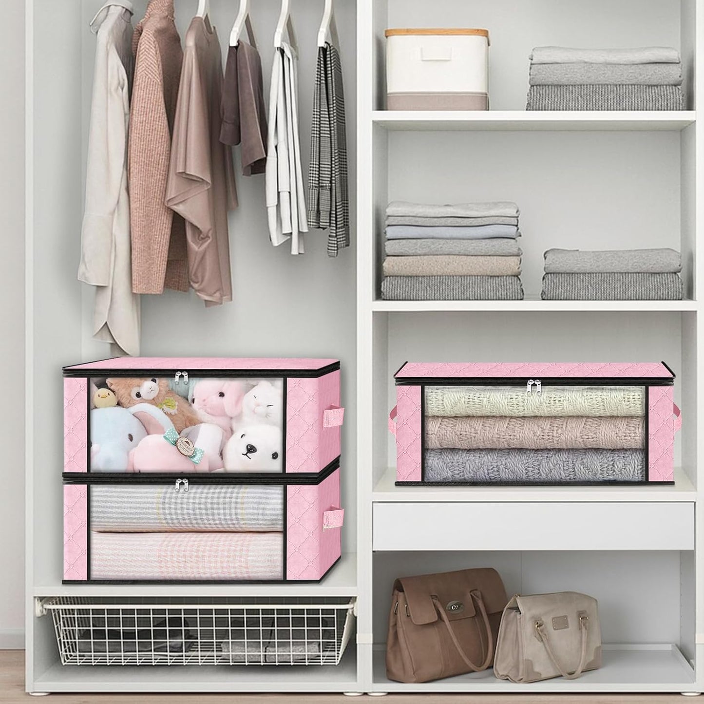 HomeHacks Storage 3-Pack Clothes Organizer Storage Bags Foldable Storage Box with Large Clear