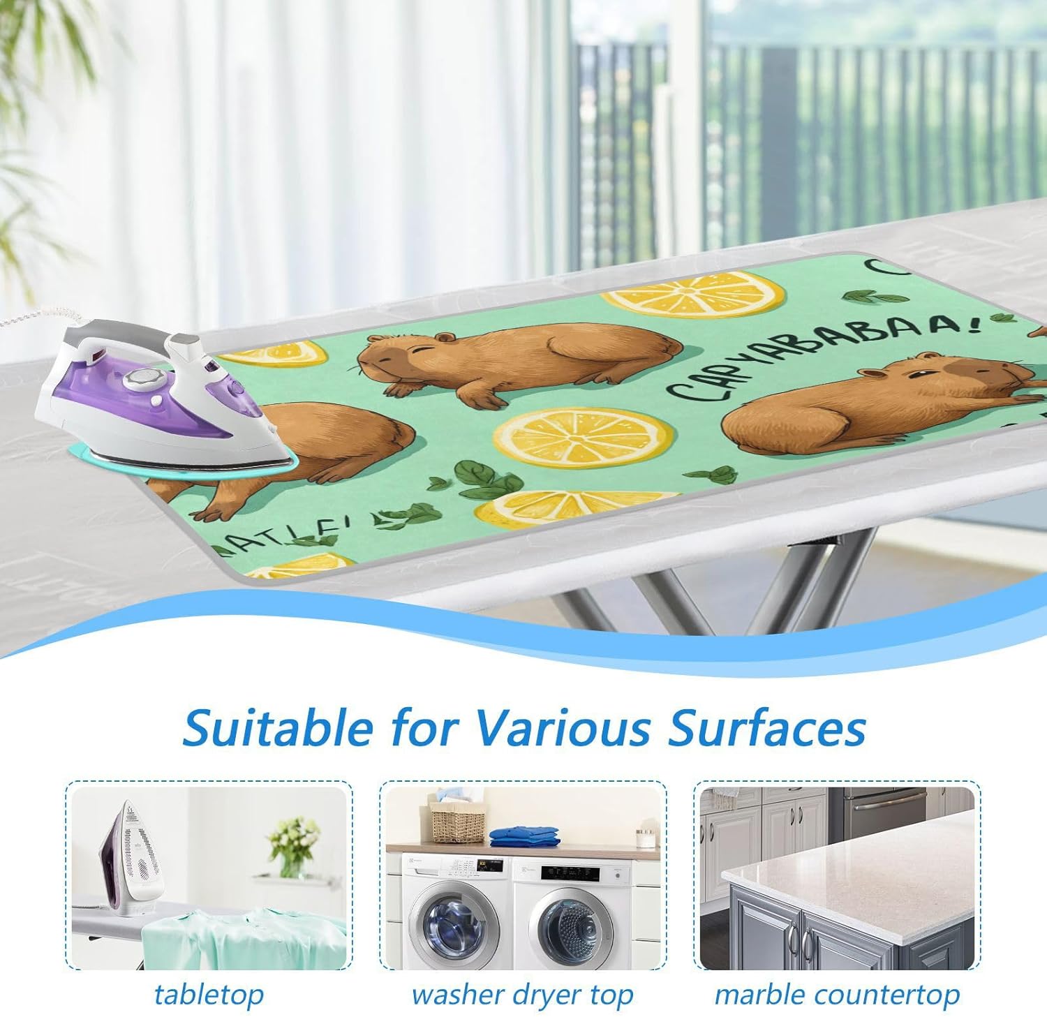 Mint Green Capybara Lemon Ironing Mat for Table top Portable Ironing Pad Blanket for Washer Dryer
