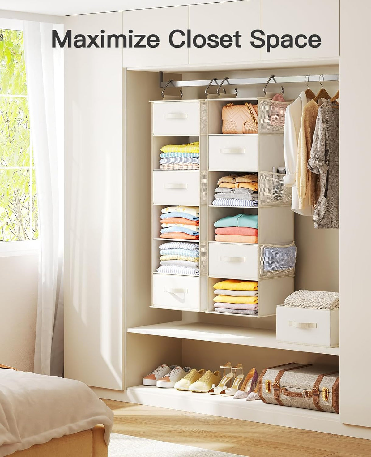 Pipishell Hanging Closet Organizer 6-Shelf, Hanging Shelves for Closet with 3 Removable Drawers &