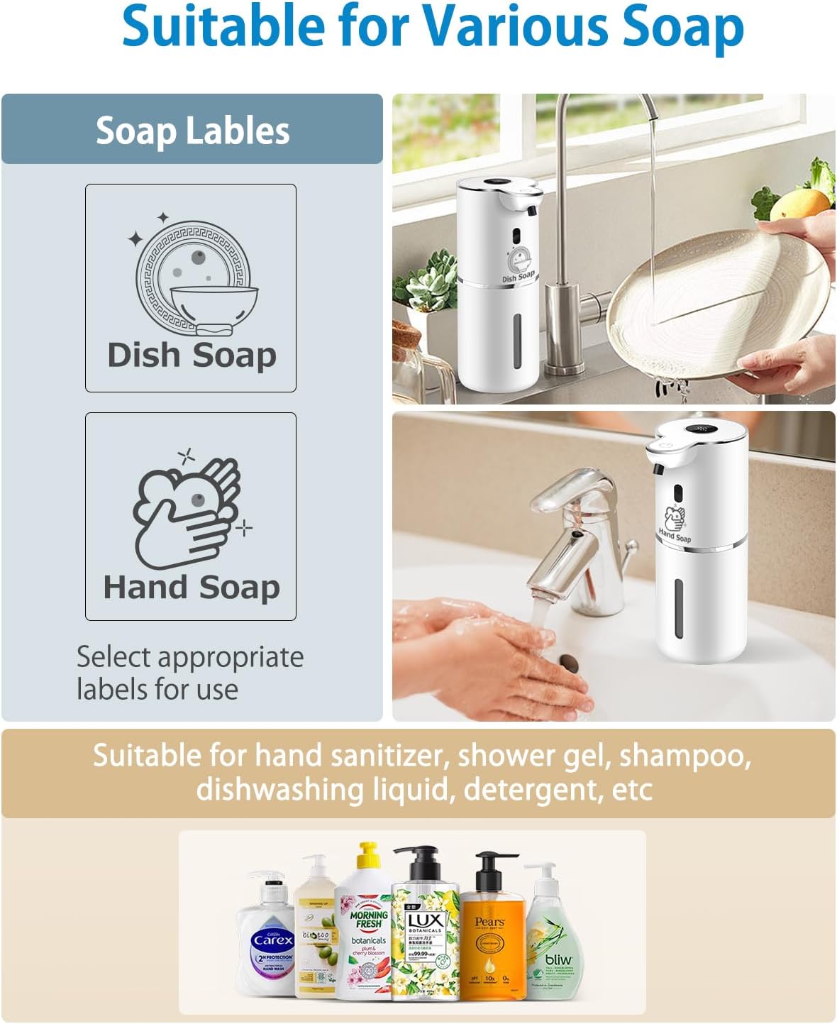 Automatic Liquid Soap Dispenser 12.8oz, Rechargeable & 6 Levels Soap Adjustable with Digital
