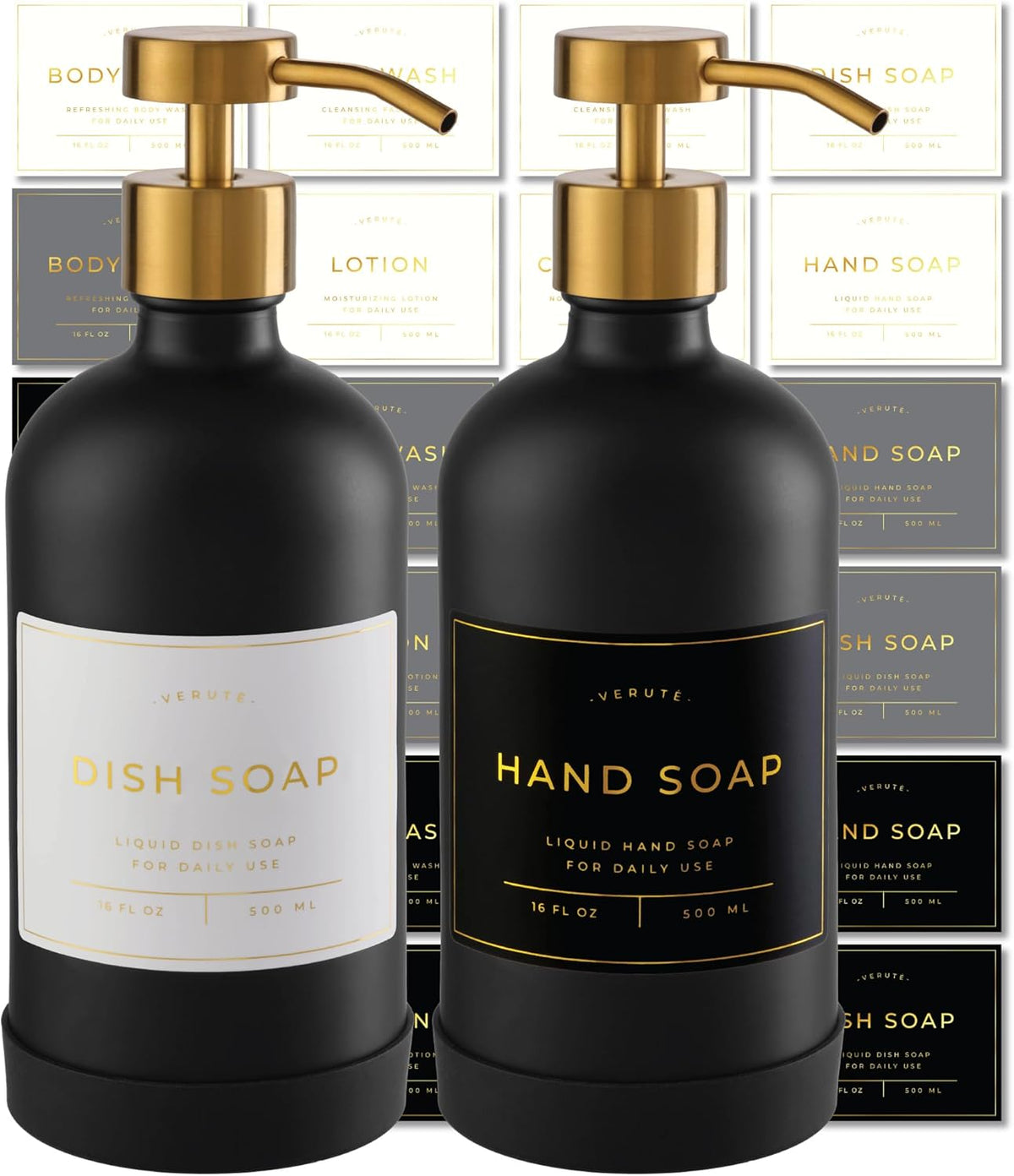 16oz Glass Soap Dispenser with Stainless Steel Pump, 21 Waterproof Labels, Non-Slip Protective