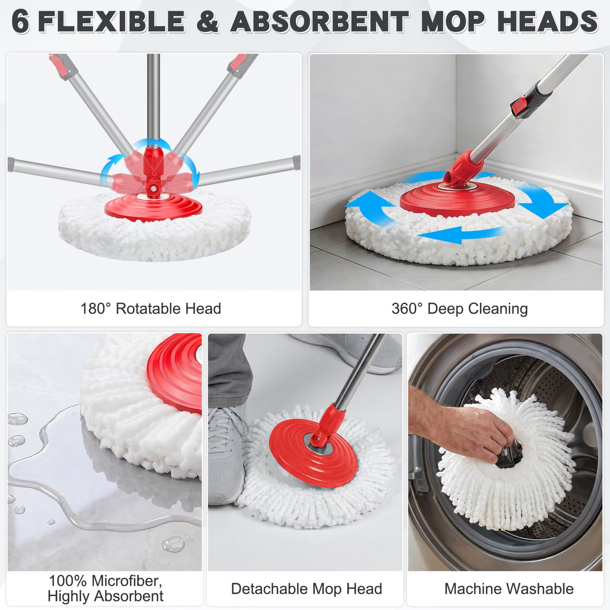 Sarkunpio Spin Mop and Bucket Set with 6 Microfiber Heads, Dark Grey