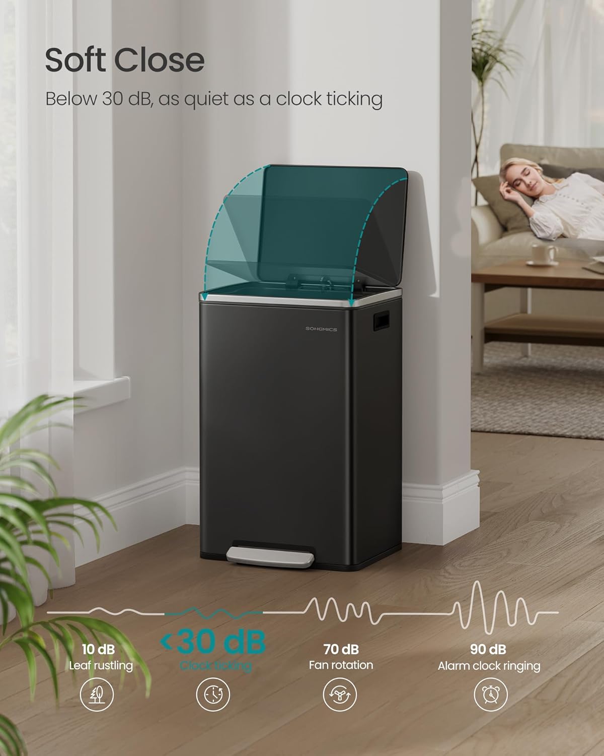 SONGMICS Trash Can, 13-Gallon Gabbage Can, with 15 Trash Bags, Steel, with Soft-Close Lid