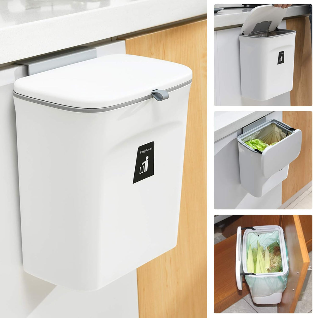 Tiyafuro 2.4 Gallon Kitchen Compost Bin for Counter Top or Under Sink, Hanging Small Trash Can with
