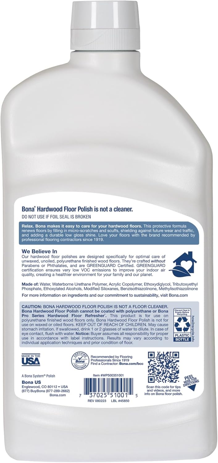 Bona Hardwood Floor Polish - 32 fl oz - Low Gloss Shine - Polish for Wood Floors - Protects and