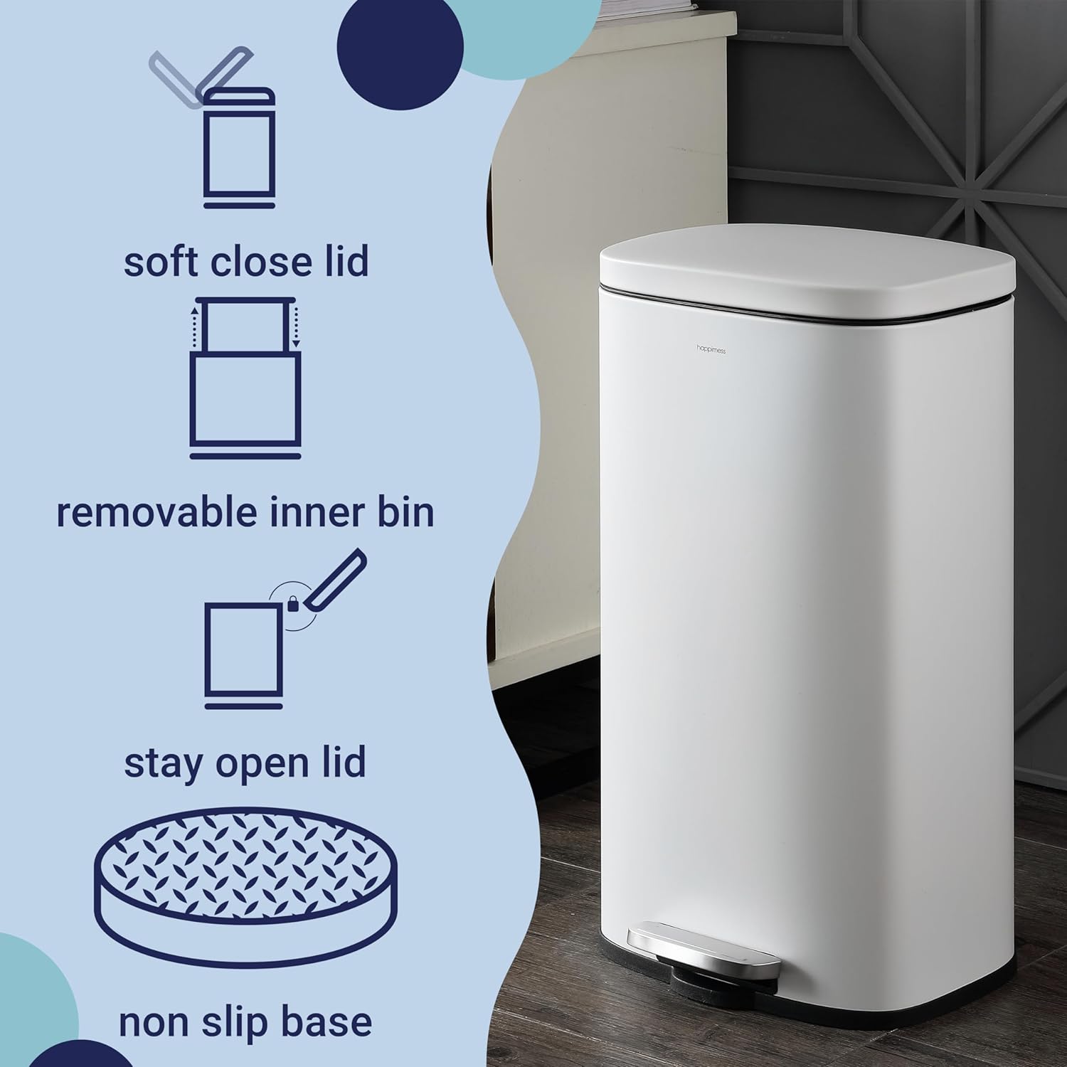 happimess HPM1011C Curtis 8-Gallon Step-Open Trash Can with Soft-Close Lid, Modern, Minimalistic