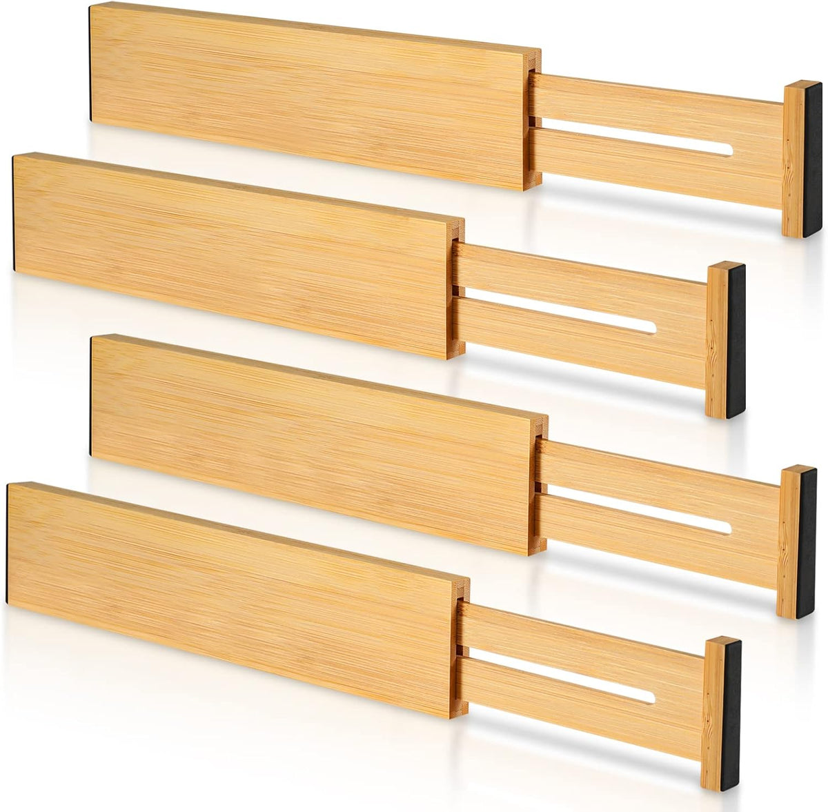 4 Pack Bamboo Drawer Dividers, Adjustable Length from 12 Inch to 17 Inch, Expandable Kitchen Drawer