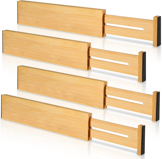 4 Pack Bamboo Drawer Dividers, Adjustable Length from 12 Inch to 17 Inch, Expandable Kitchen Drawer