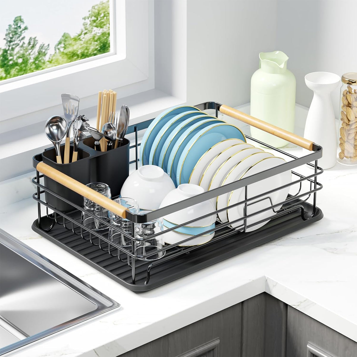 Dish Racks for Kitchen Counter: Wooden Handles, Thickened Metal, No Assembly. Small Dish Drying