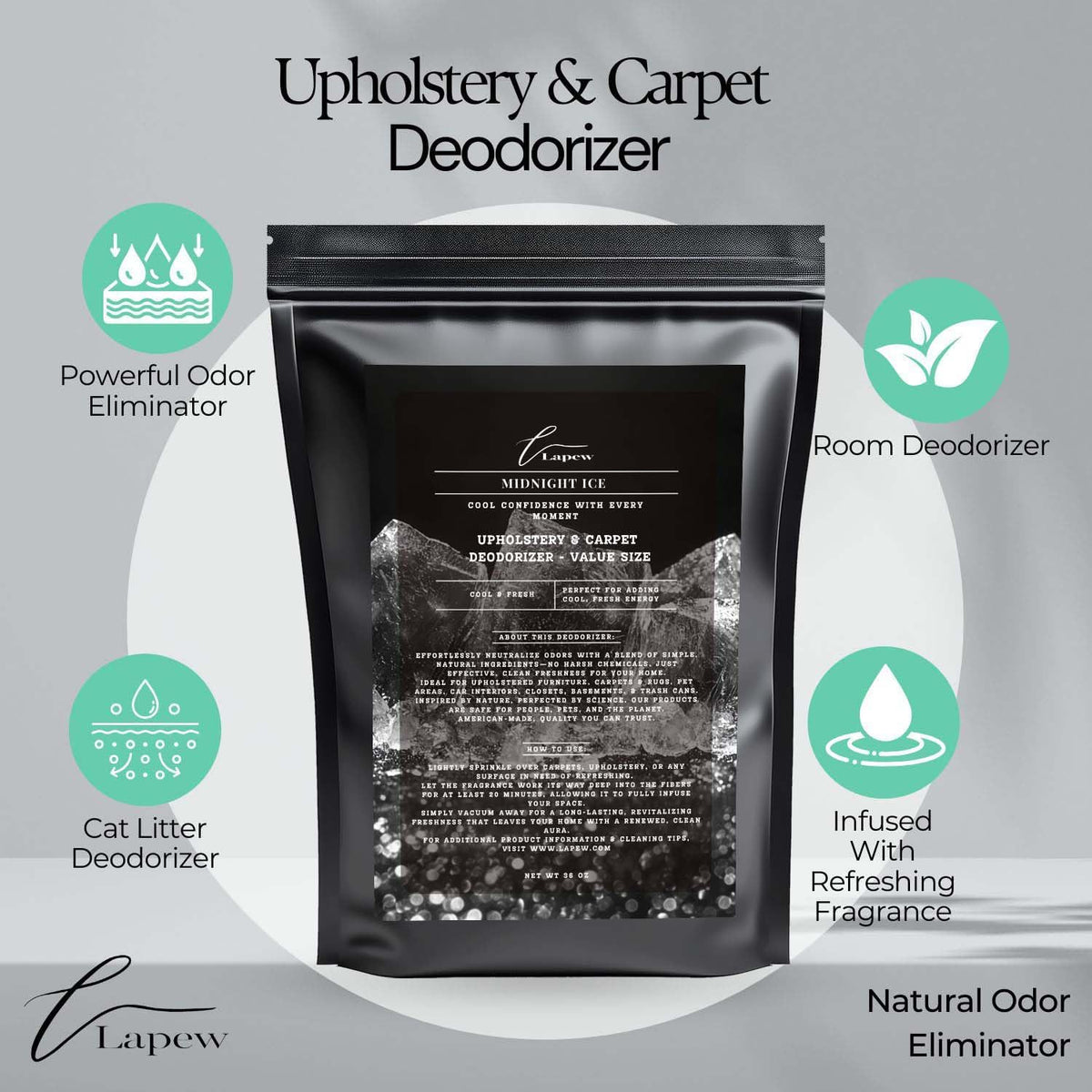Midnight Ice Carpet Freshener Powder Refill 36 oz | Powerful Odor Eliminator for Home | Upholstery