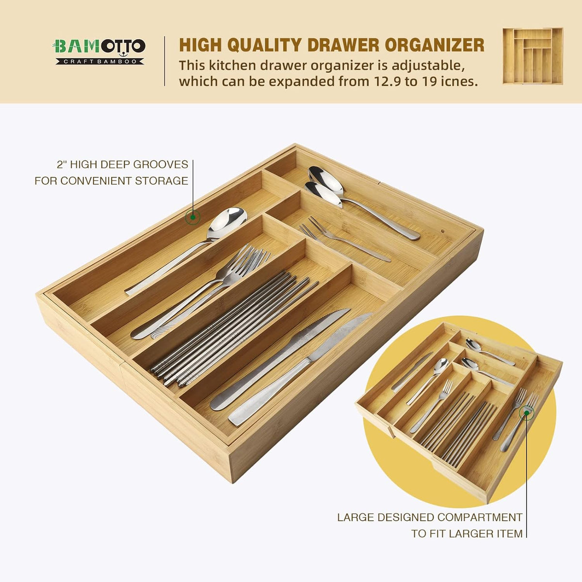 Expandable Bamboo Drawer Organizer – Large 20"x16.9" Size with Adjustable Dividers – for Kitchen