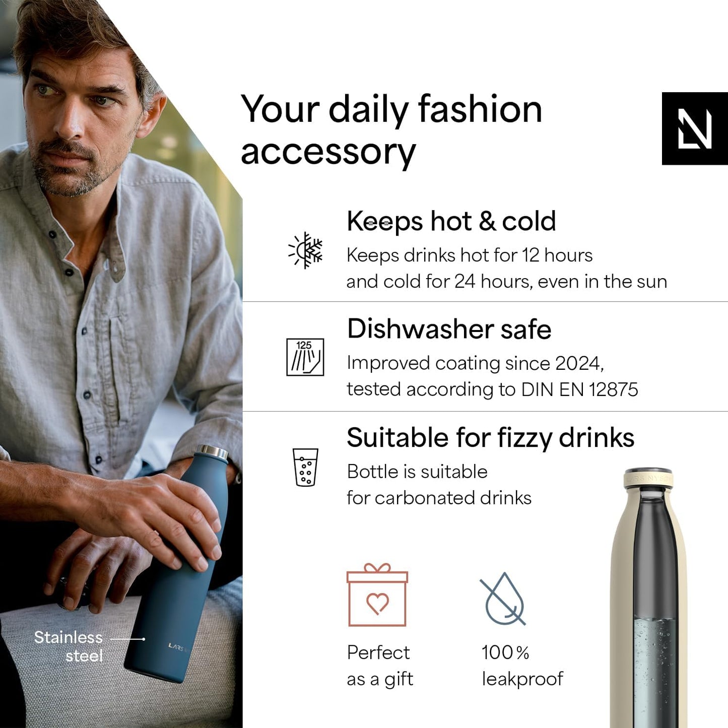 LARS NYSØM Stainless Steel Insulated Water Bottle 12oz 17oz 25oz 34oz 51oz | Insulated Thermo Flask