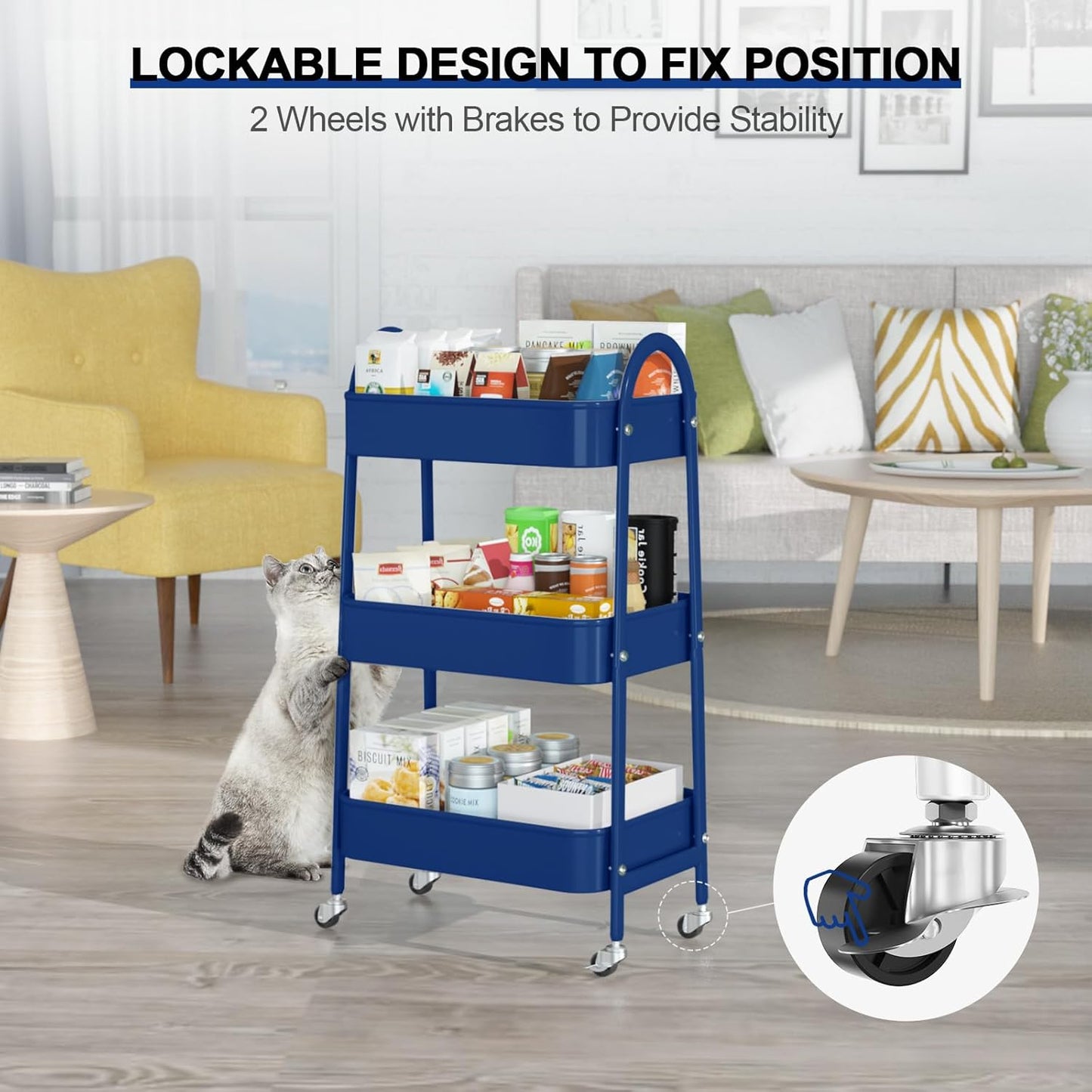 EAGMAK 3 Tier Utility Rolling Cart, Metal Storage Cart with Handle and Lockable Wheels