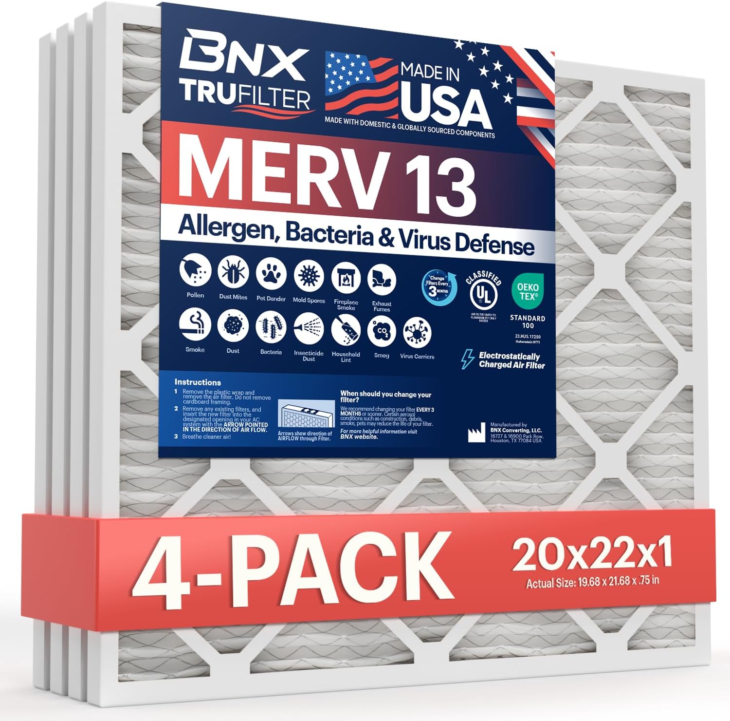 BNX TruFilter 20x22x1 Air Filter MERV 13 (4-Pack) - MADE IN USA - Electrostatic Pleated Air