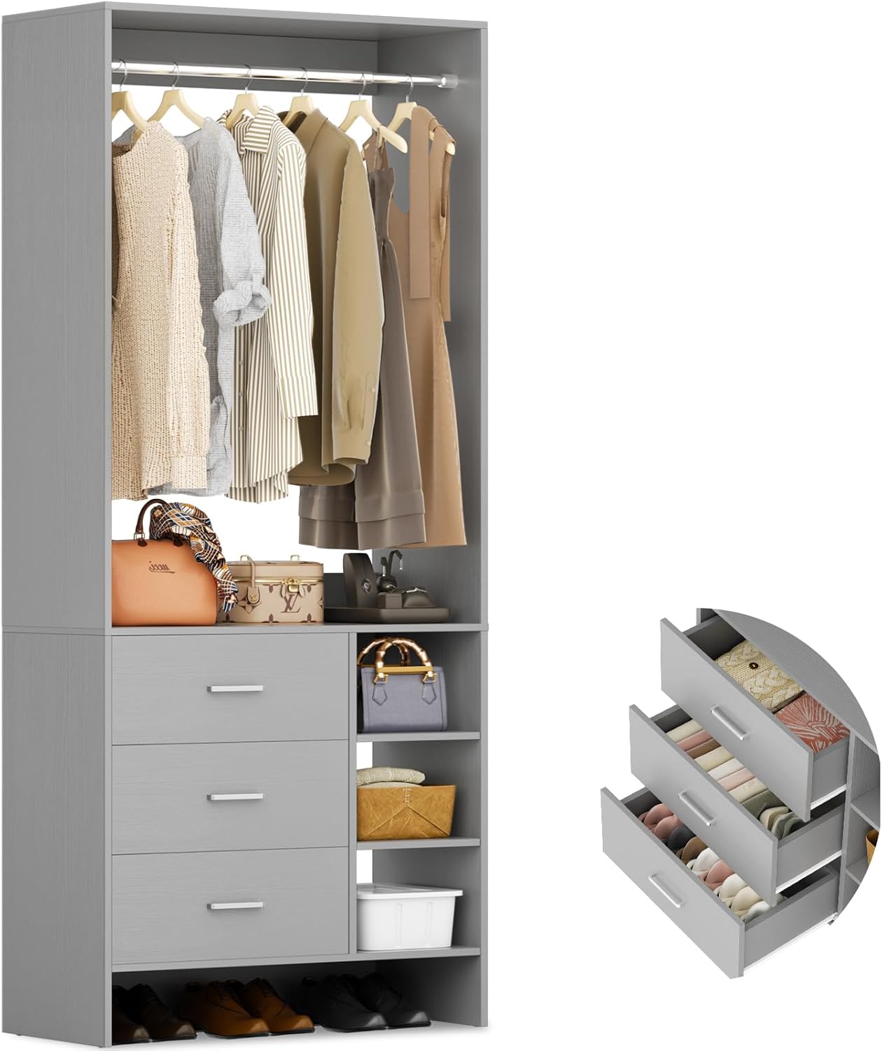 Aheaplus 2.5FT Closet System with 3 Drawers, 29.5’’ Closet Organizer, Wood Closet Organizer System