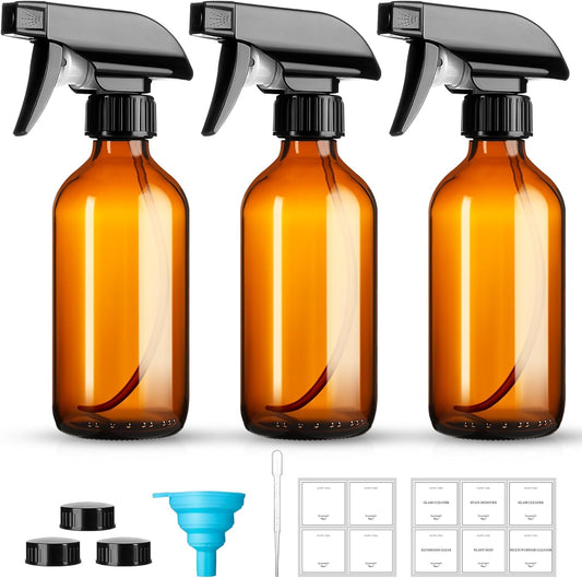 8oz Amber Glass Spray Bottles,3 Pack Glass Spray Bottles Refillable Empty Bottle with Adjustable