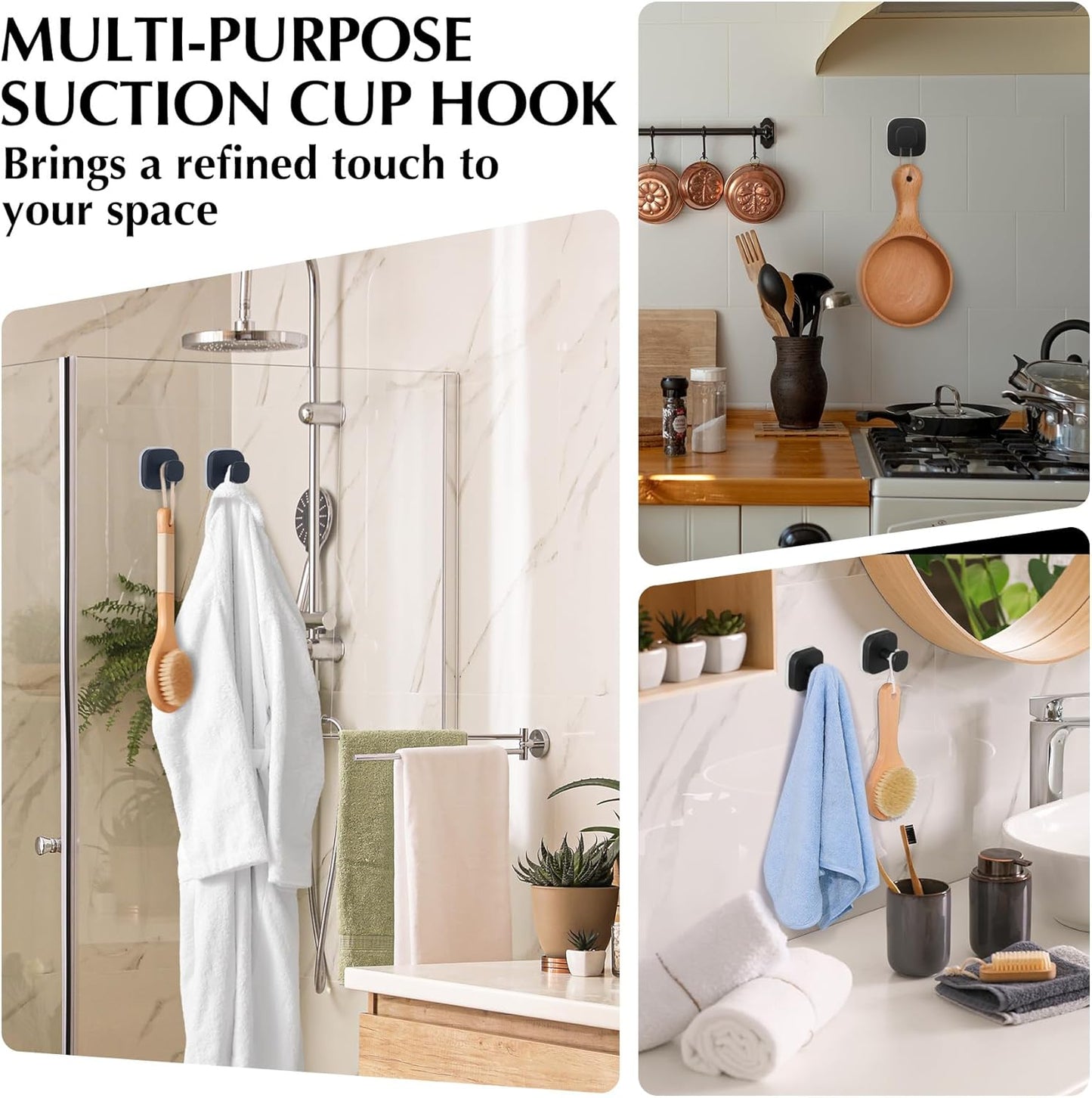 Suction Cup Hooks for Shower - Reusable No-Drill Mounting - Hooks for Towels, Robes & Loofah on