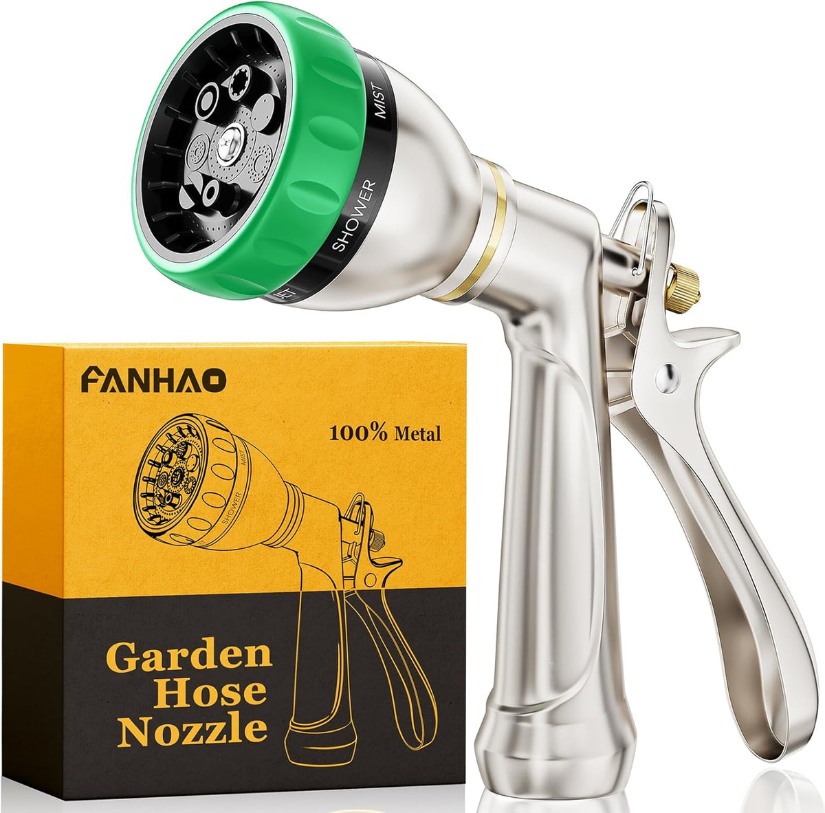 FANHAO Heavy Duty Garden Hose Nozzle, 100% Metal Water Hose Sprayer with 7 Spray Patterns