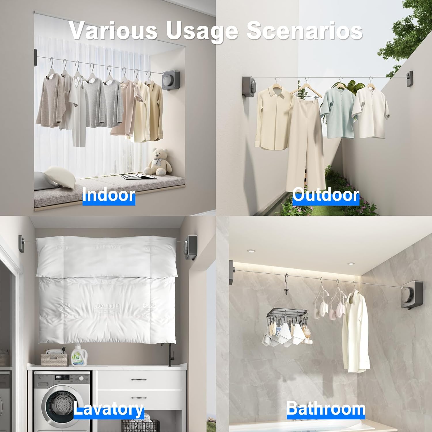 Retractable Clothesline Indoor, Non-Sagging Outdoor Clothes Line Retracting Heavy Duty Clothes
