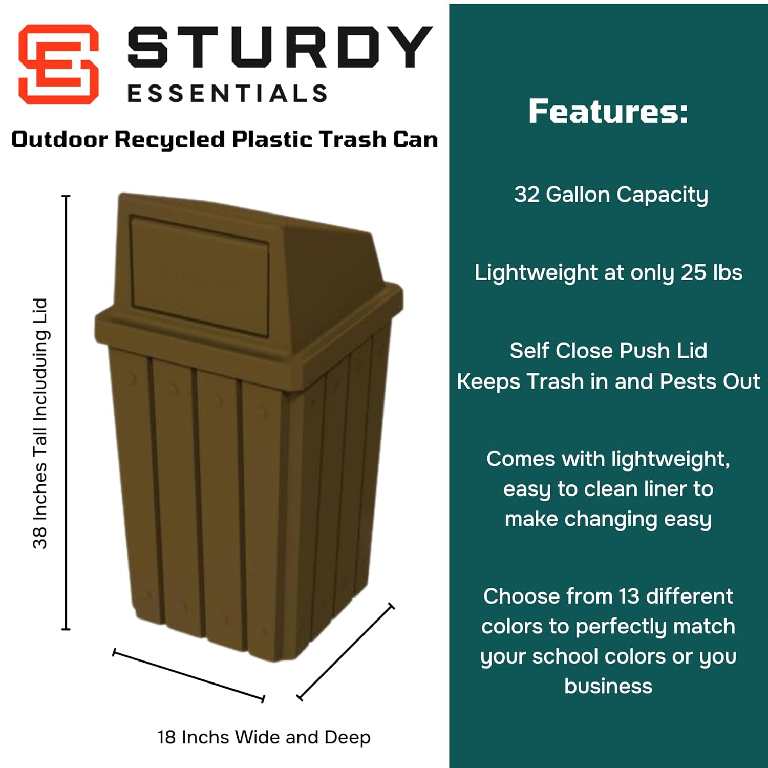 32 Gallon Square Slatted 100% Recycled Plastic Heavy-Duty Commercial Outdoor or Indoor Trash Can
