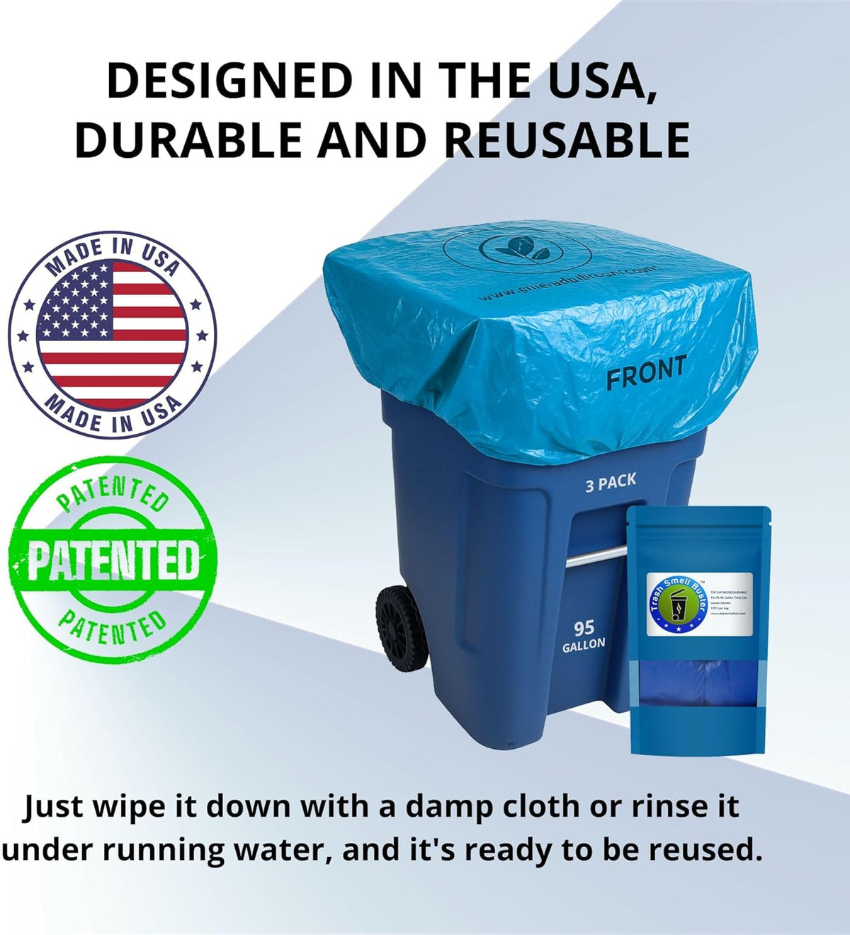 95 Gallon Trash Can Cover Odor Eliminating Bag with Elastic Band Chemical Free Durable Outdoor
