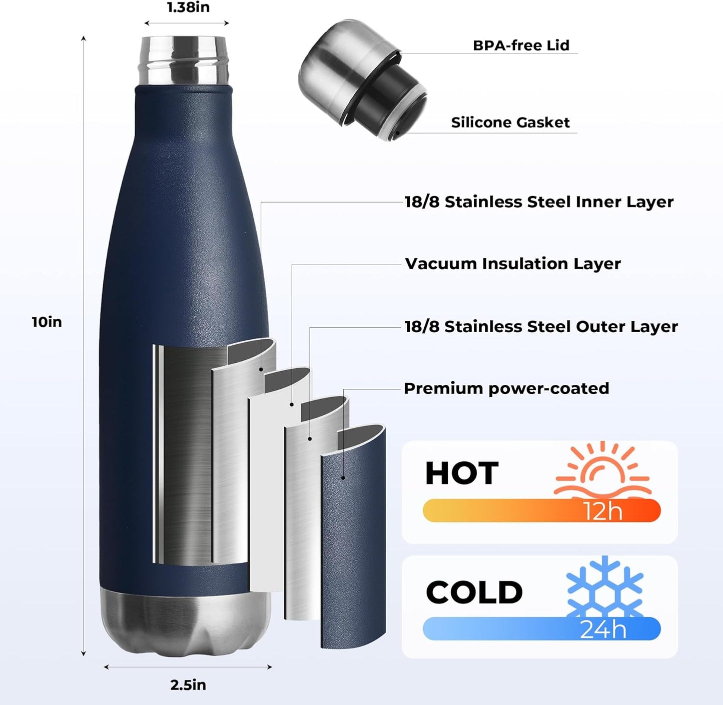 MEWAY 17oz Sport Water Bottle 12 Pack Vacuum Insulated Stainless Steel Leak-Proof Double Wall Cola