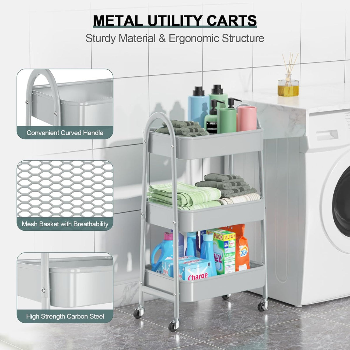 EAGMAK 3 Tier Utility Rolling Cart, Metal Storage Cart with Handle and Lockable Wheels