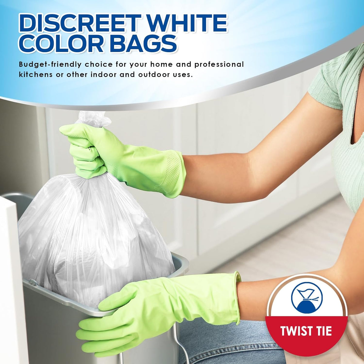 PAMI 13-Gallon Tall Garbage Bags [130-Pack, White] With Twist Ties - Unscented, Odor-Control Trash