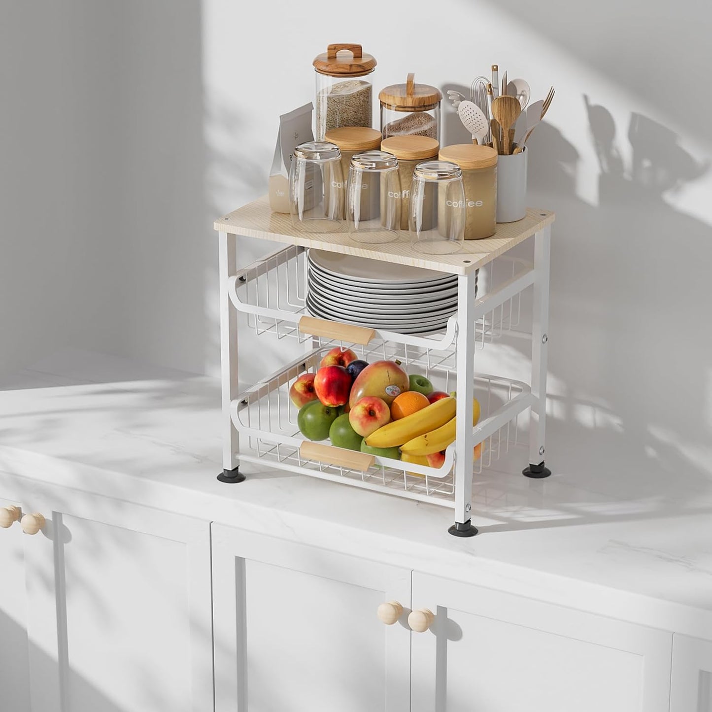 3-layer Kitchen Fruit Storage Basket Snack Rack, Countertop & Desktop Pull-out Metal Basket with