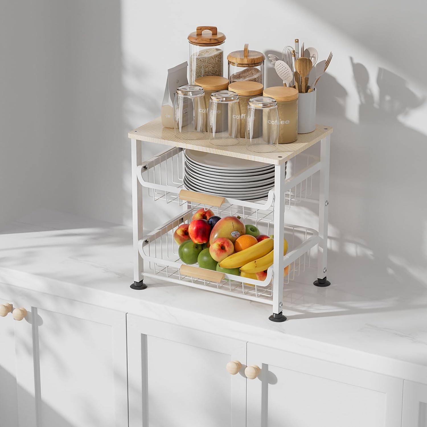 3-layer Kitchen Fruit Storage Basket Snack Rack, Countertop & Desktop Pull-out Metal Basket with