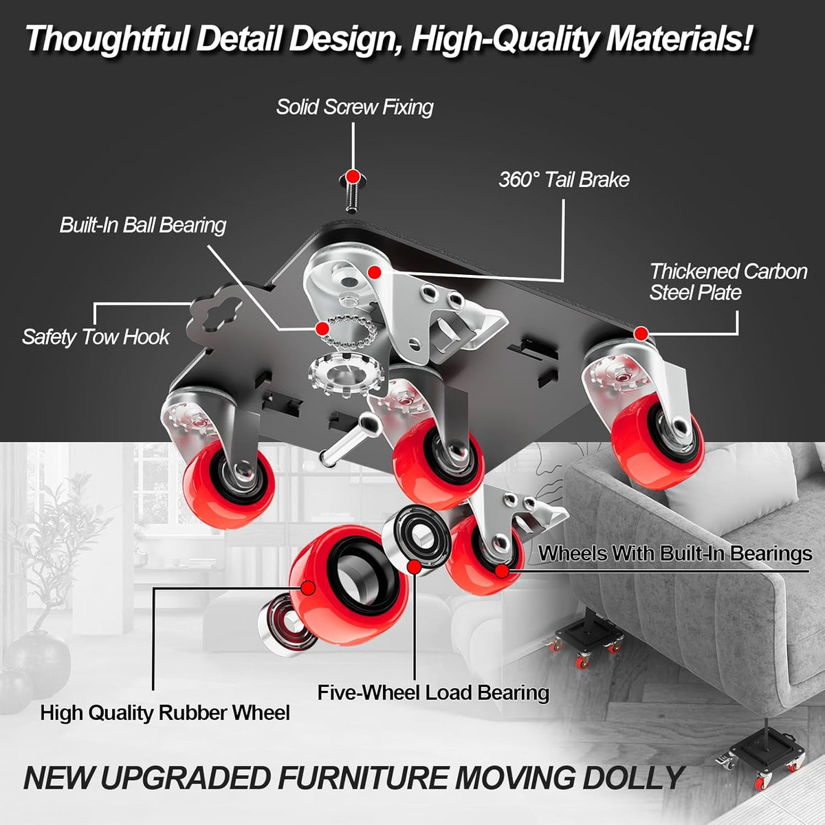 Furniture Dolly 5 Wheels Heavy Duty with Removable Side Guards,3307 Lbs Capacity,360° Rotating