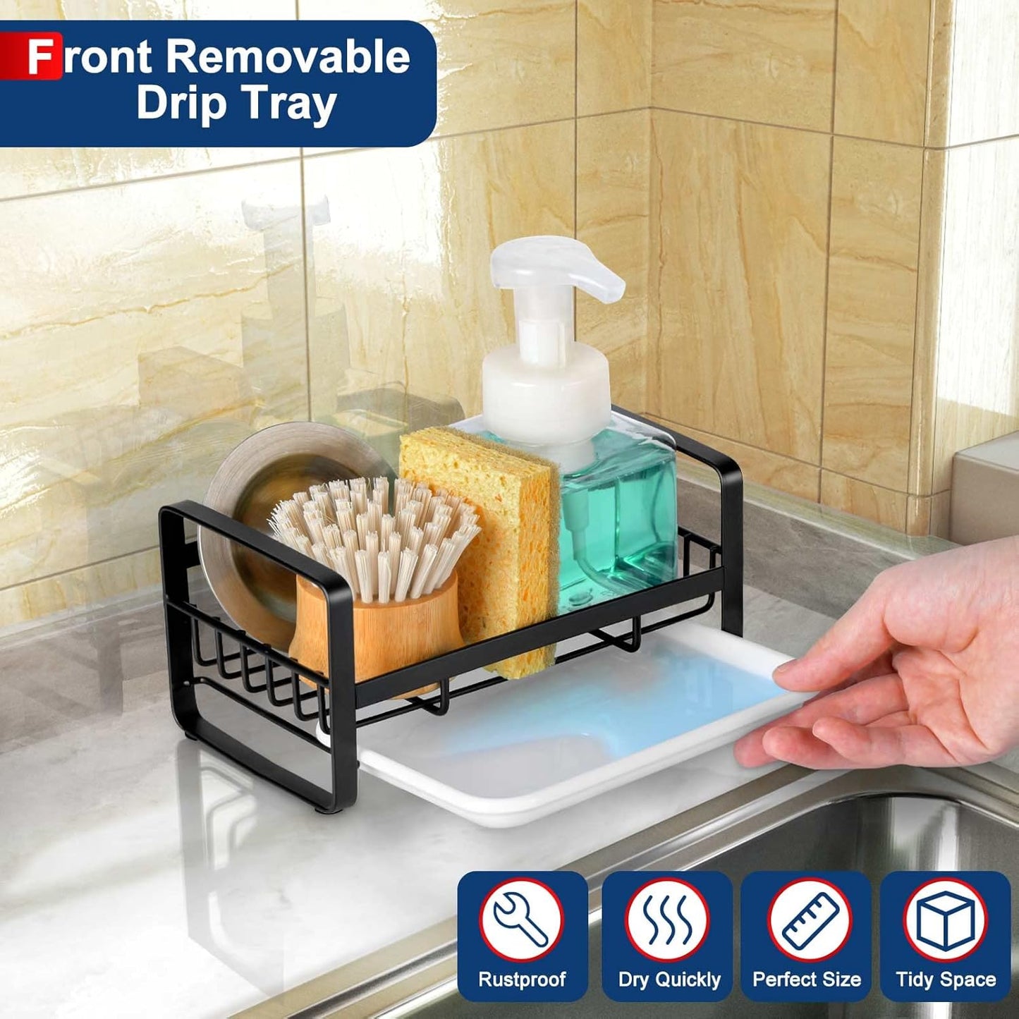 HULISEN Kitchen Sink Sponge Holder, 304 Stainless Steel Kitchen Soap Dispenser Caddy Organizer
