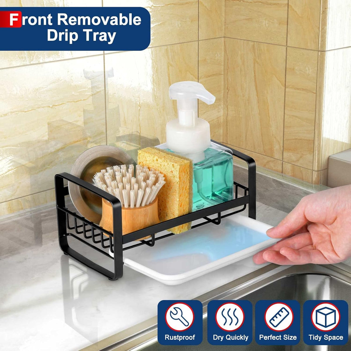 HULISEN Kitchen Sink Sponge Holder, 304 Stainless Steel Kitchen Soap Dispenser Caddy Organizer