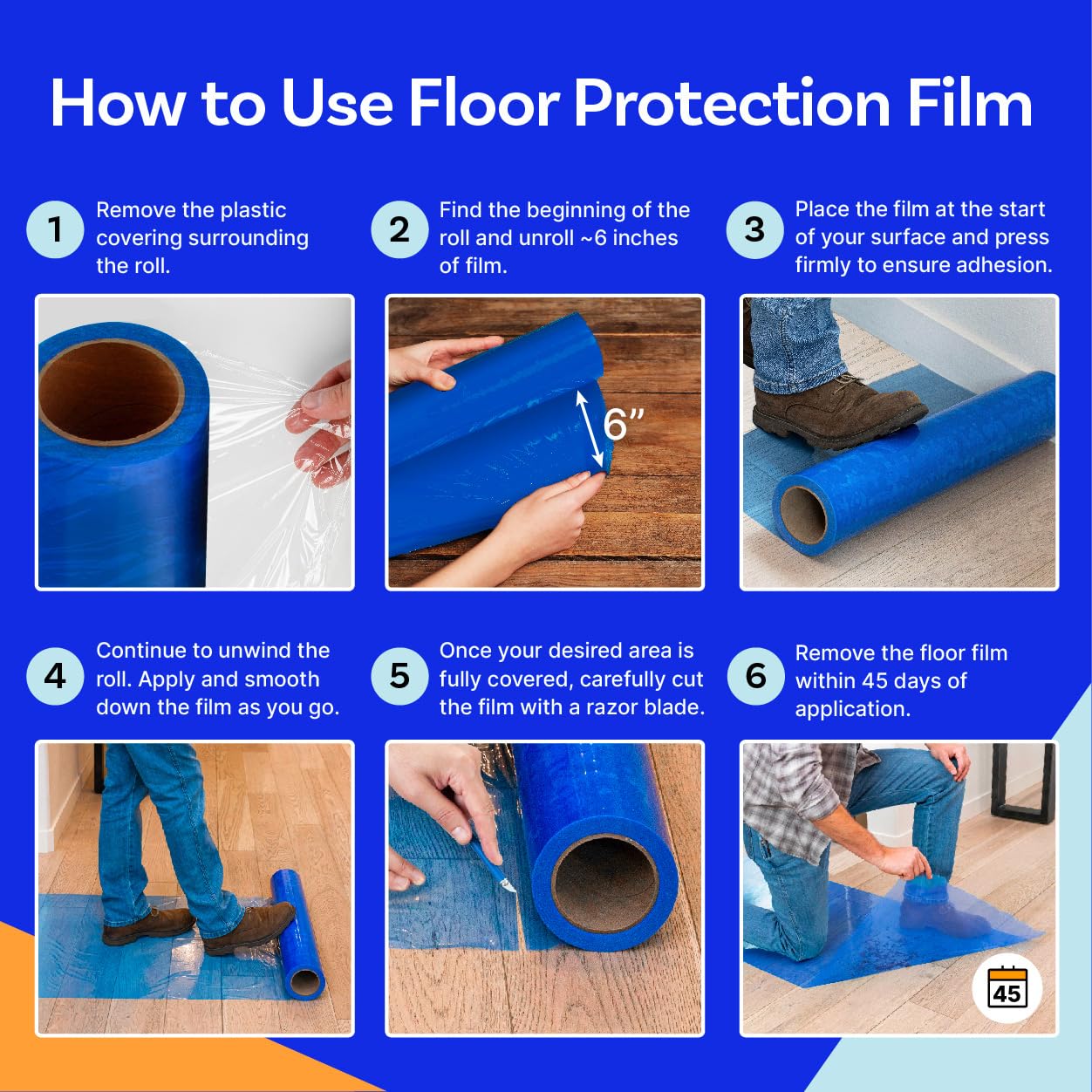 Floor Protection Film, 48" x 200', Made in USA, Blue Self Adhesive Floor Protector Tape for Moving