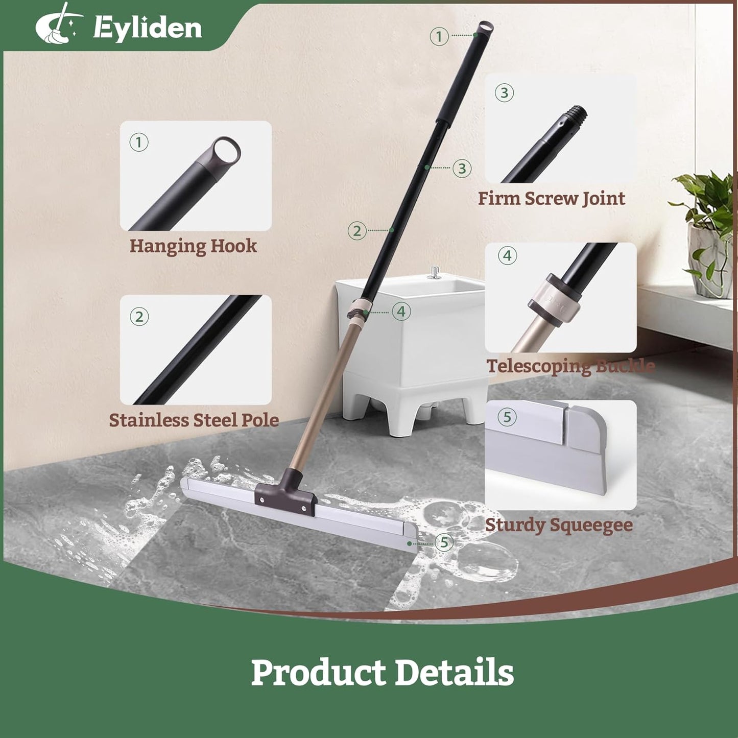 Eyliden Rubber Floor Squeegee, Quick Water & Foam Removal Broom | Heavy-Duty, Dual-Action Push &