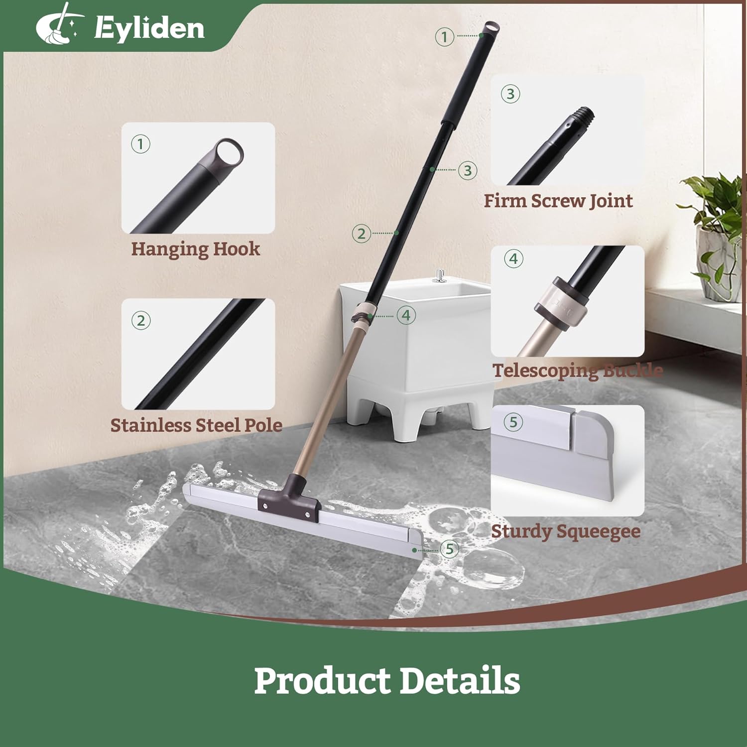 Eyliden Rubber Floor Squeegee, Quick Water & Foam Removal Broom | Heavy-Duty, Dual-Action Push &
