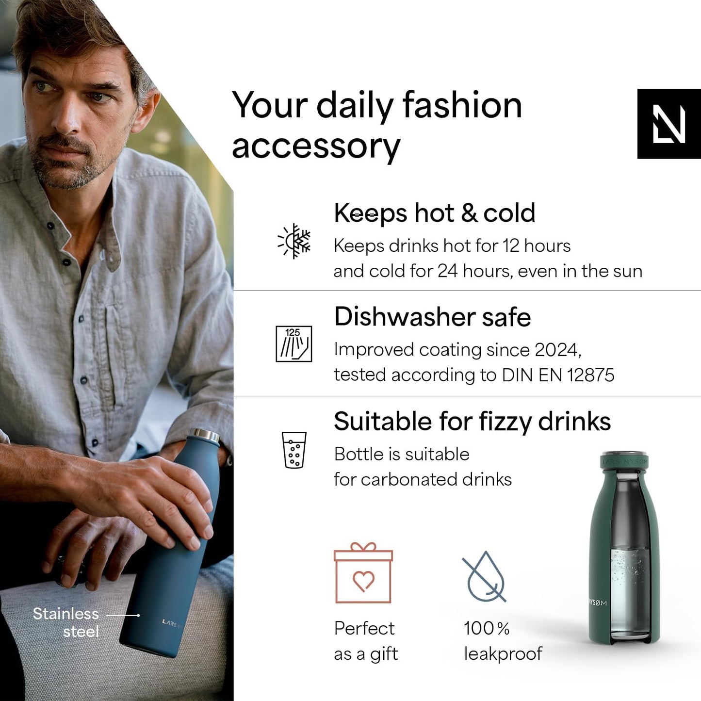 LARS NYSØM Stainless Steel Insulated Water Bottle 12oz 17oz 25oz 34oz 51oz | Insulated Thermo Flask