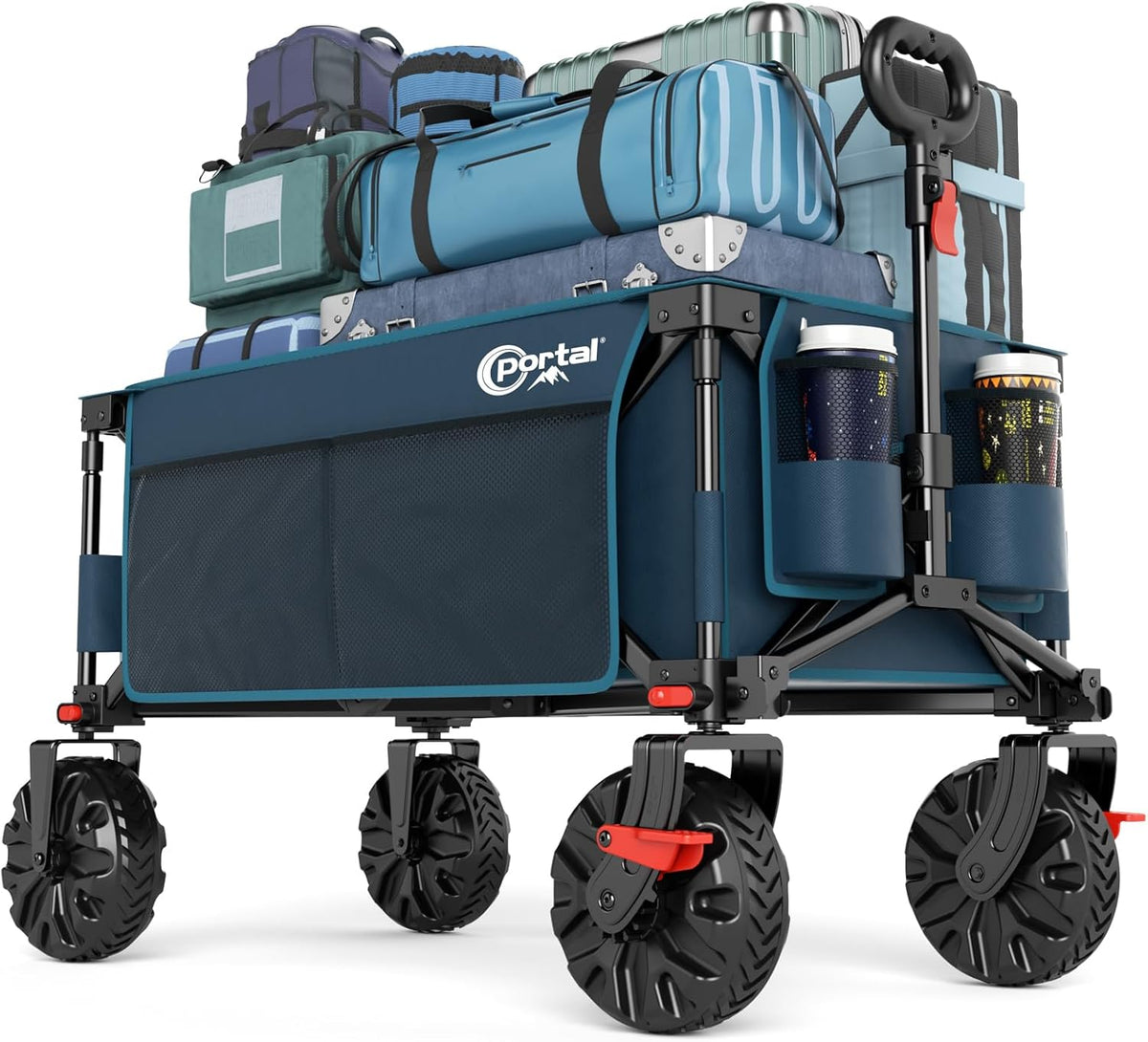PORTAL Collapsible Wagon with Brakes, Heavy Duty Utility Cart with All-Terrain Wheels, Portable
