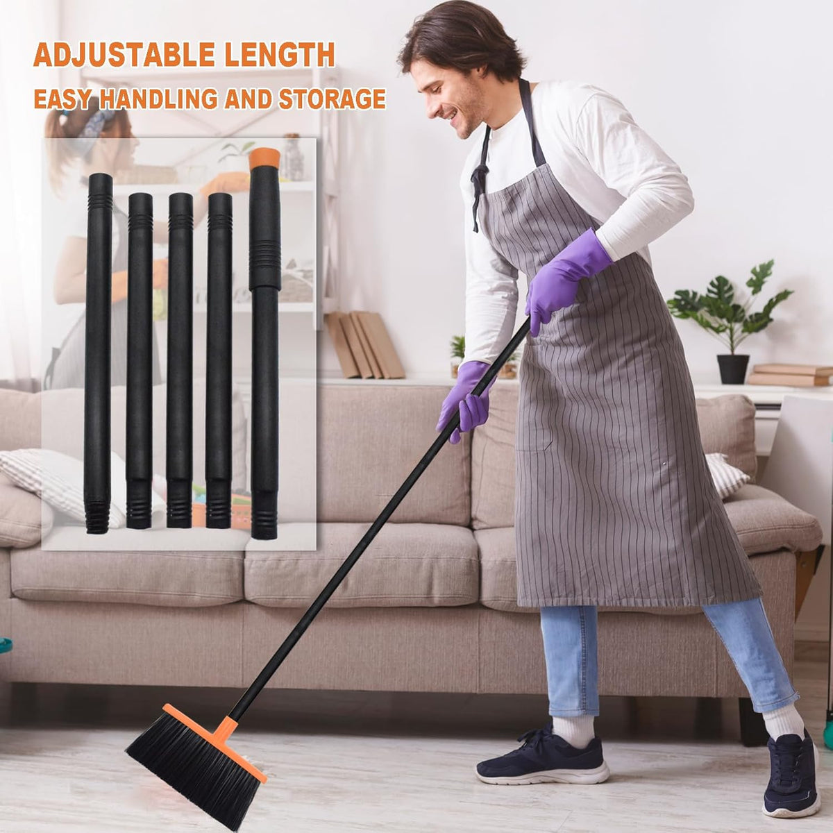 Small Broom Stiff Bristles Brush with Long Handle Indoor or Outdoor Compact Broom for Sweeping