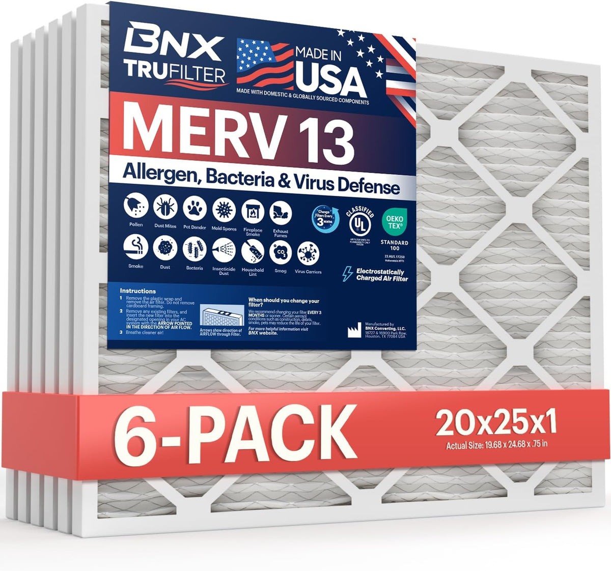 BNX TruFilter 20x25x1 Air Filter MERV 13 (6-Pack) - MADE IN USA - Electrostatic Pleated Air