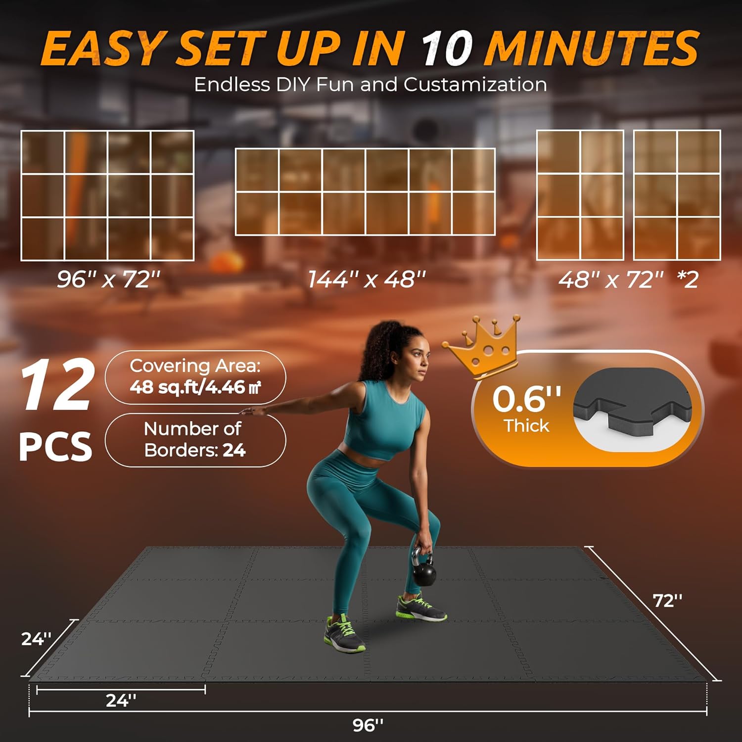 PRAISUN 0.6" Thicker Gym Mat, 12 Tiles 48 Sq Ft Workout Mats, Interlocking Foam Tiles with Rubber