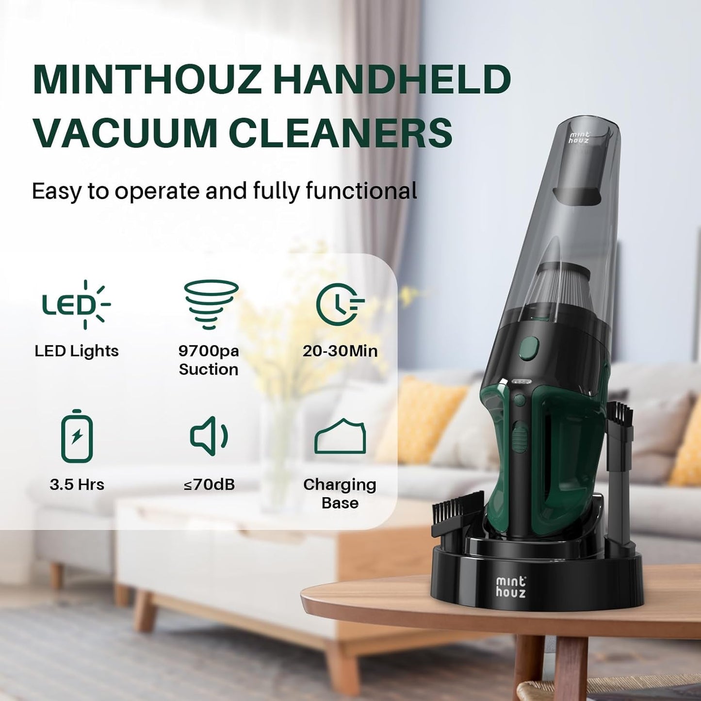 Minthouz Handheld Vacuum Cordless, Strong Suction Car Vacuum Cleaner with LED Light, Long Runtime