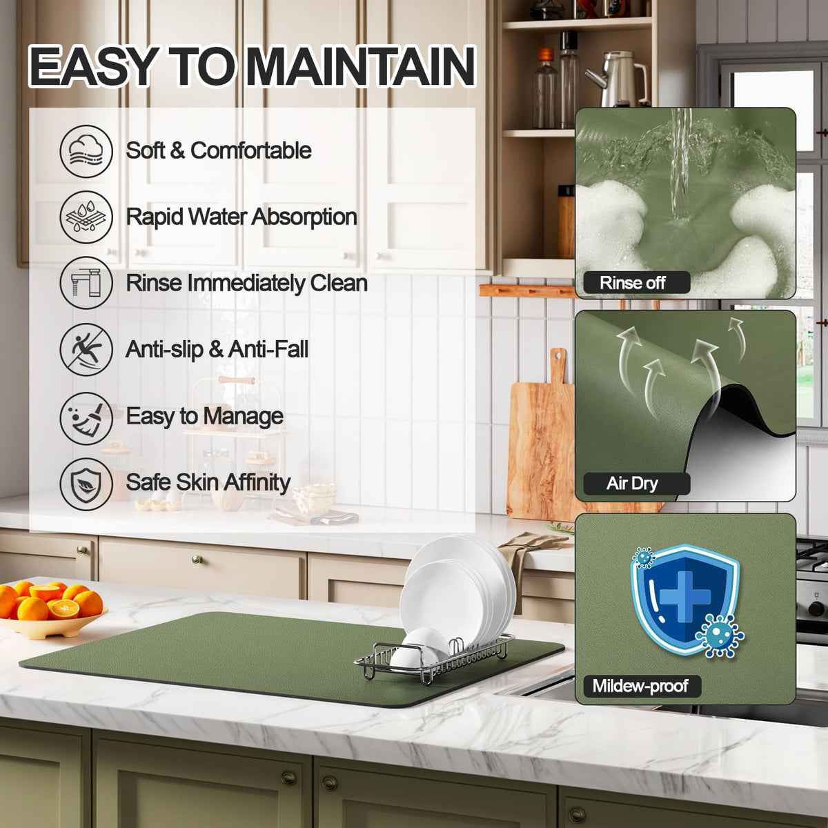 Dish Drying Mat for Kitchen Counter | Coffee Bar Mat for Countertops | Heat Resistant Drainer Mat