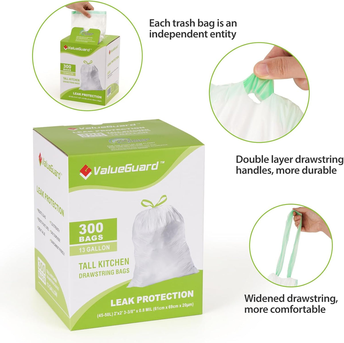 Large Trash Bag 13 Gallon Tall Drawstring 100% Post-Consumer Recycled Garbage Bag Waste Bag for