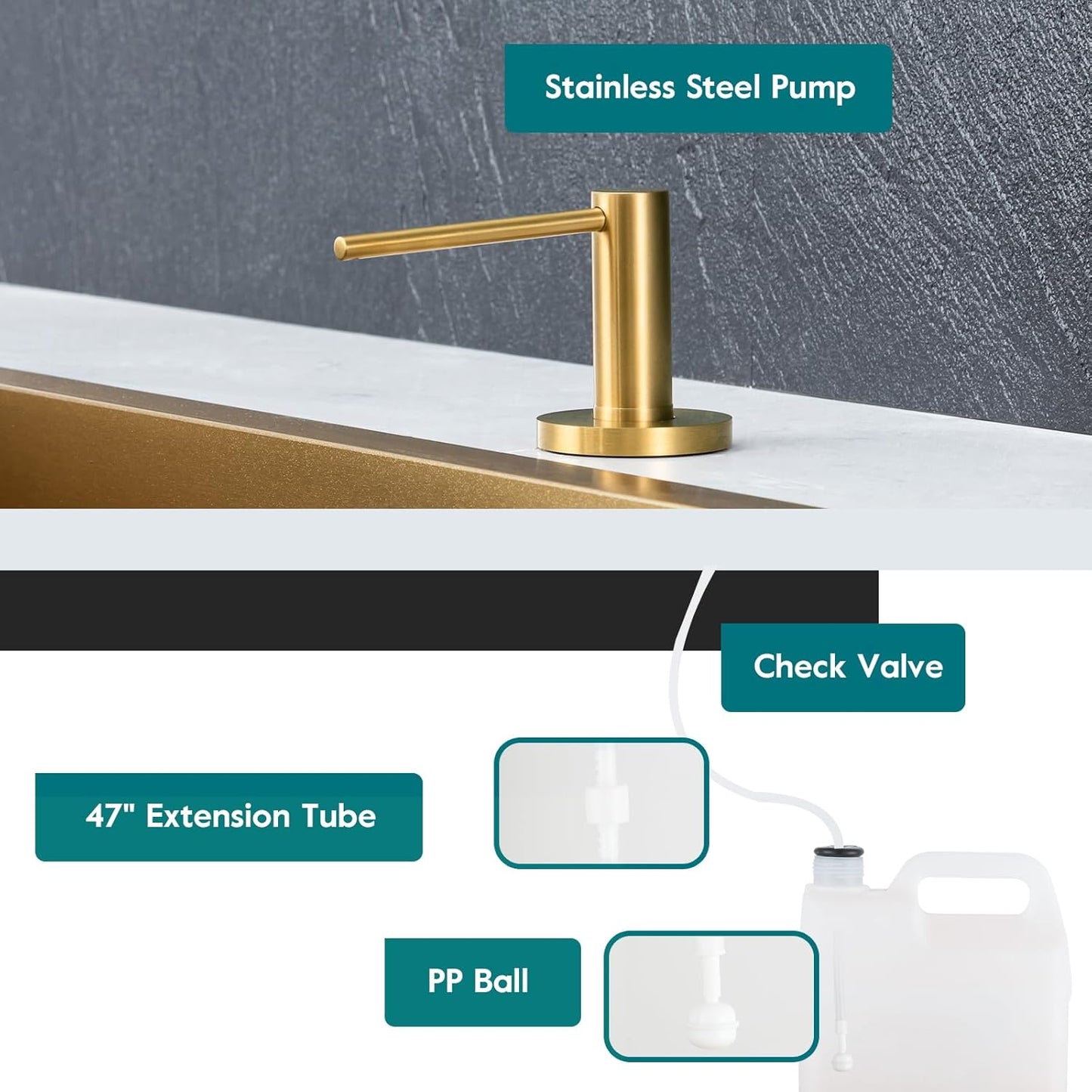 Gappo Soap Dispenser for Kitchen Sink Champagne Gold, Stainless Steel Countertop Pump, Built in